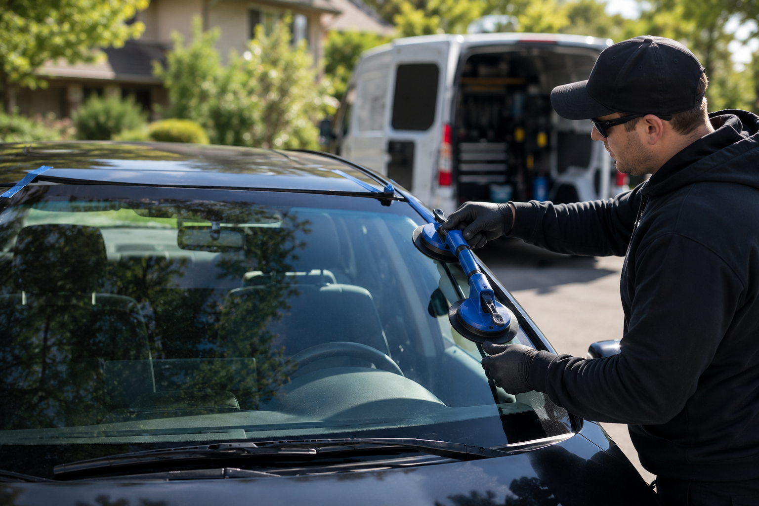 Rose Auto Glass technician replacing a windshield on a Toyota RAV4 in a Calgary driveway